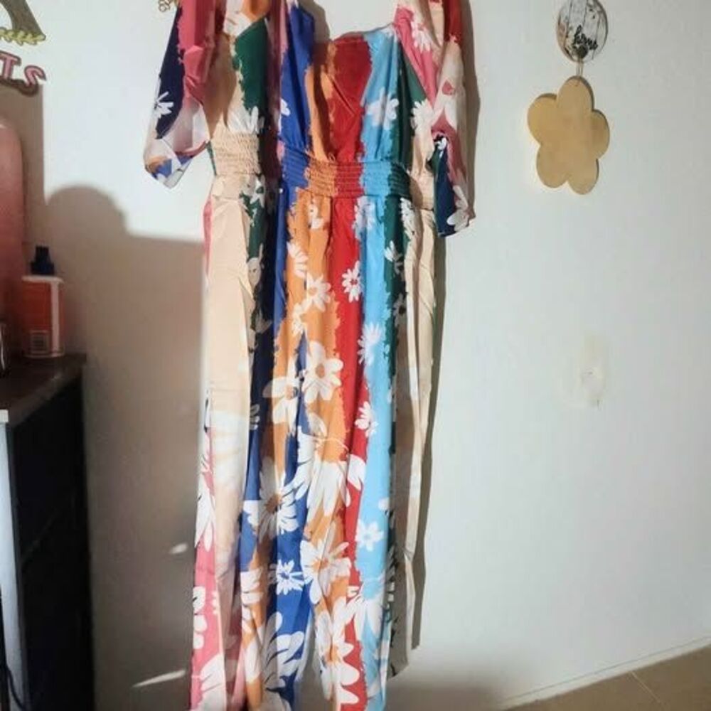 Peasant Style Banded Neckline Floral Print Jumpsuit 4X